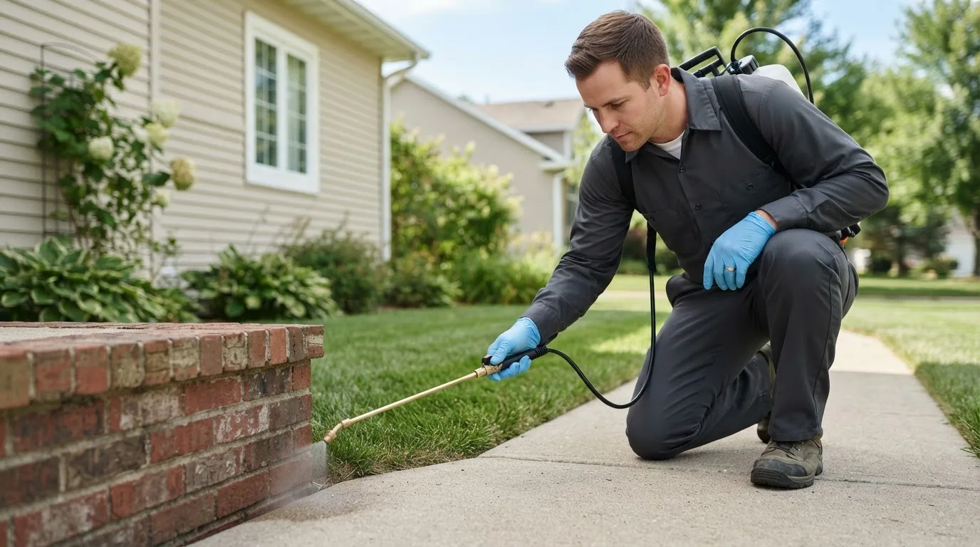 Pest control technician treating a home near Hudson, NH